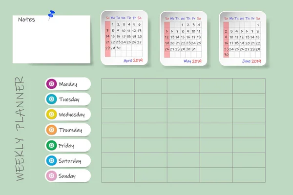 Kalender För Andra Kvartalet 2019 Med Vecka Planner Diagram Och — Stockfoto