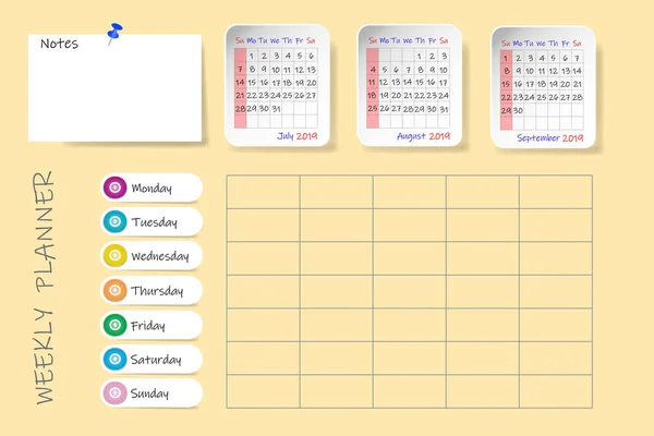 Calendrier Pour Troisième Trimestre 2019 Année Avec Tableau Hebdomadaire Planification — Photo