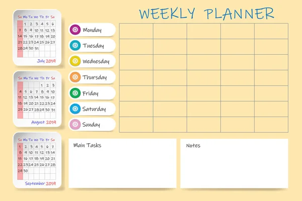2019年第三季度日历 包括每周计划图表和备注和主要任务的空白标签 每月表格是垂直的 周日开始的一周 — 图库照片