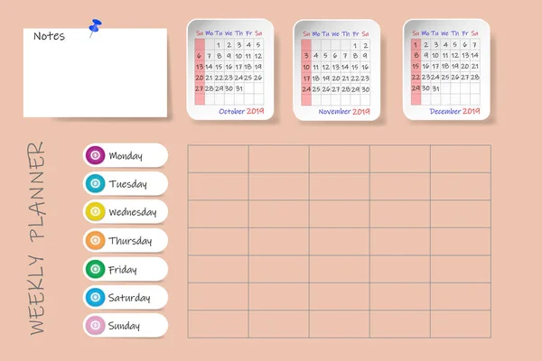 Kalender För Fjärde Kvartalet 2019 Med Vecka Planner Diagram Och — Stockfoto