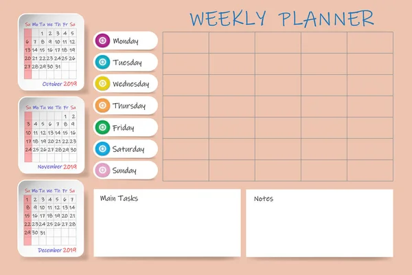 Kalender Für Das Vierte Quartal 2019 Mit Wochenplaner Diagramm Und — Stockfoto