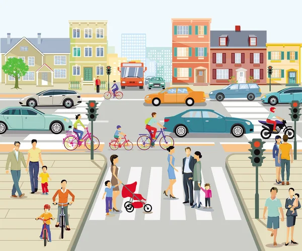 Cidade Com Pedestre Cruzamento Semáforo Junção Rodoviária Ilustração — Fotografia de Stock