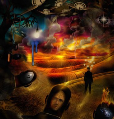 Surreal painting. Men's heads with different thoughts. Businessman with light bulbs around head stands in the field. Lightbulb on a tree branch. Winged clock represents flow of time. clipart