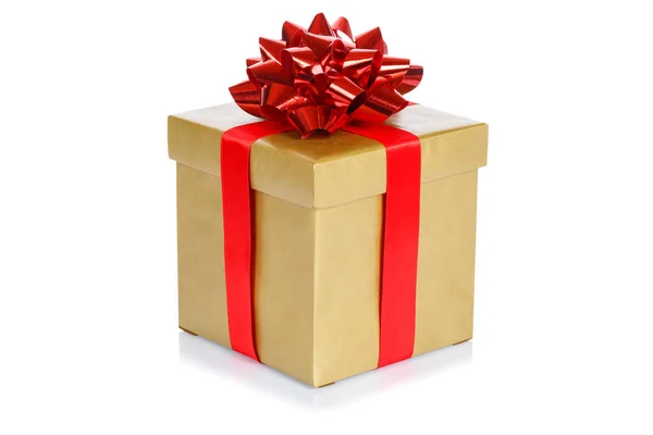 Prezent Urodzinowy Boże Narodzenie Przedstawić Złote Złote Pudełko Izolowane Białym — Zdjęcie stockowe