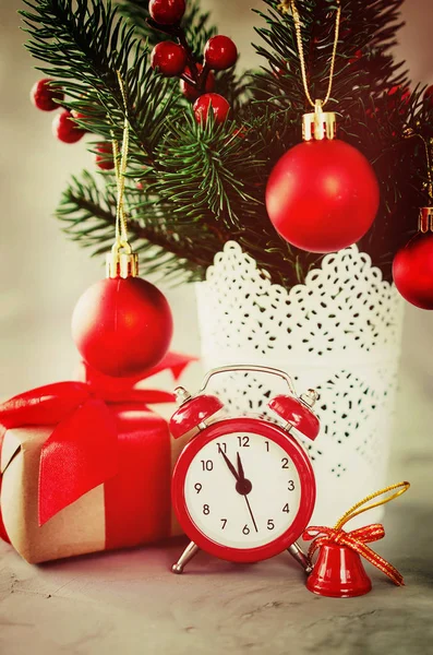 Christmas Composition Xmas Fir Branches Alarm Clock Gift Box Decorations — Stock Photo, Image