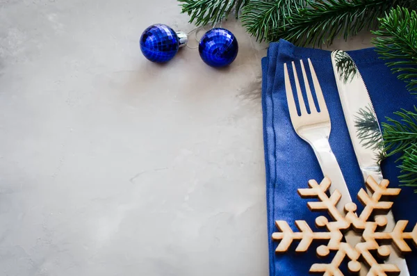 Background Writing Christmas Menu Winter Table Setting Christmas Tree Cutlery — Stock Photo, Image