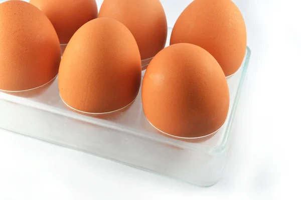 Αυγό Απομονωμένο Έξι Αυγά Κουτί Απομονωμένο Λευκό Φόντο Νωπά Καφέ — Φωτογραφία Αρχείου