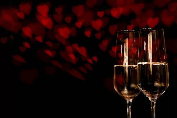 Dark Background Red Hearts Champagne Valentines Greetings — Stock Photo, Image