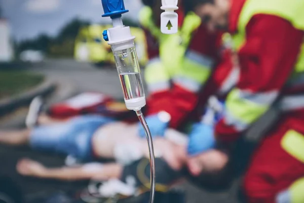 Cardiopulmonary Resuscitation Rescue Team Doctor Paramedic Resuscitating Man Road — Stock Photo, Image