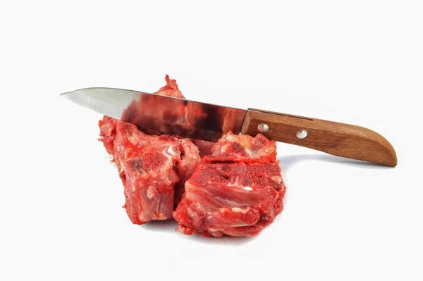 Rauw Varkensvlees Bot Met Keukenmes Vers Bot Gebruikt Voor Het — Stockfoto