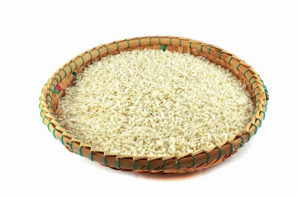 Arroz Cru Cesta Bambu Isolado Arroz Branco Pegajoso Tailandês Cesta — Fotografia de Stock