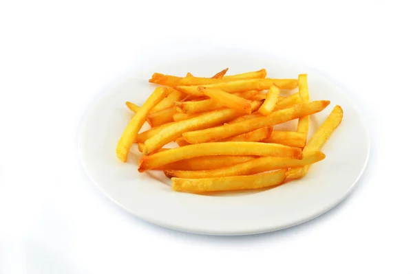 Hasábburgonyával Elszigetelt Fries Burgonya Francia Krumpli Snack Fehér Tányérra Elszigetelt — Stock Fotó