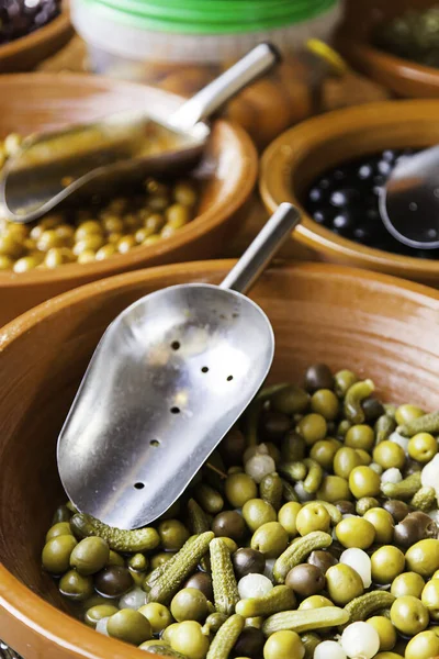 Olives Traditional Market Detail Olives Preserved Oil — Stock Photo, Image