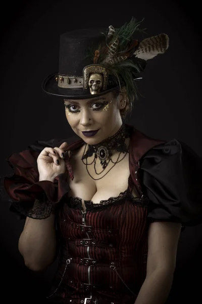 Retrato Emocional Mujer Joven Estilo Steampunk Retro Grabado Estudio Modelo —  Fotos de Stock