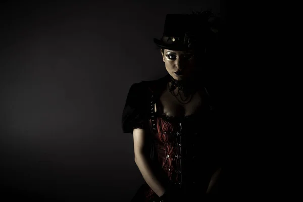 Retrato Emocional Jovem Mulher Estilo Steampunk Retro Tiro Estúdio Modelo — Fotografia de Stock