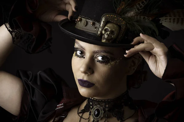 Retrato Emocional Mujer Joven Estilo Steampunk Retro Grabado Estudio Modelo — Foto de Stock