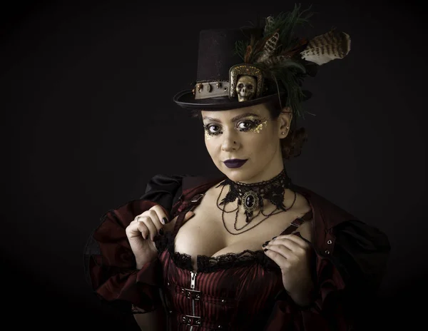 Retrato Emocional Mujer Joven Estilo Steampunk Retro Grabado Estudio Modelo — Foto de Stock