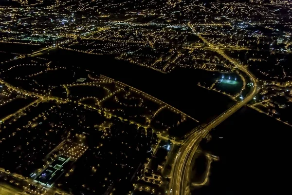 Nachtvlucht Lichten Van Stad Uitzicht Vanuit Lucht Straten Van Zagreb — Stockfoto