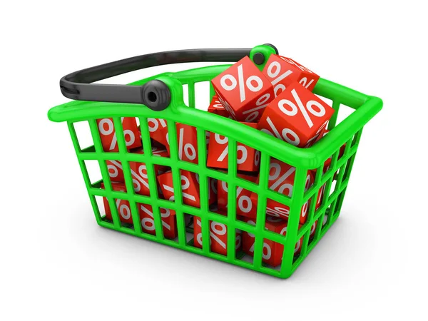 Green Shopping Basket Which Red Cubes Percentages Render — Stock Photo, Image