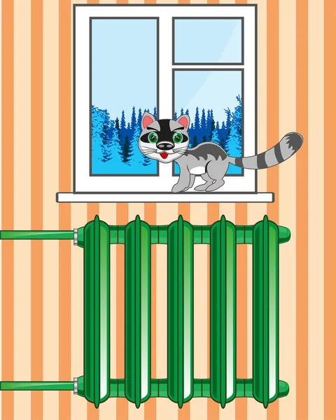 Vektor Illustration Der Katze Auf Fenster Und Heizkörper Raum — Stockfoto