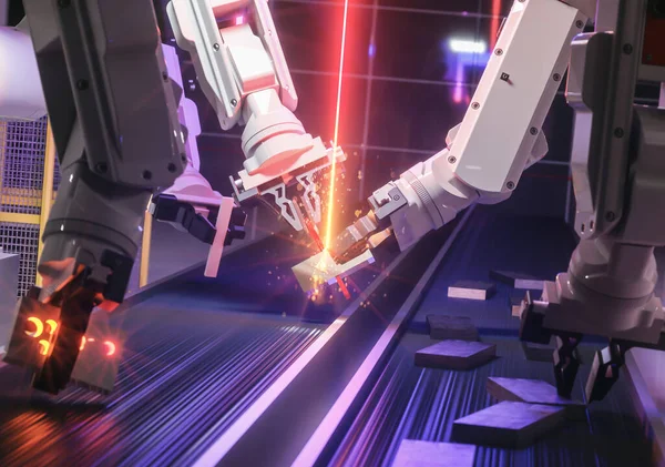 Robot Industria Automatización Inteligente Acción Soldadura Metall Mientras Que Ingeniero —  Fotos de Stock