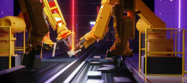 Metal Sanayi Kavramı Kaynak Eylem Akıllı Otomasyon Sanayi Robot Render — Stok fotoğraf