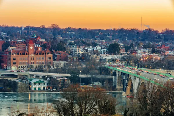 Trafik Key Bridge Och Potomac River Vintern Morgon Washington Usa — Stockfoto