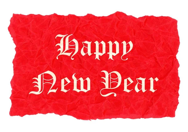 Etiqueta Feliz Ano Novo Pergaminho Papel Vincado Vermelho — Fotografia de Stock