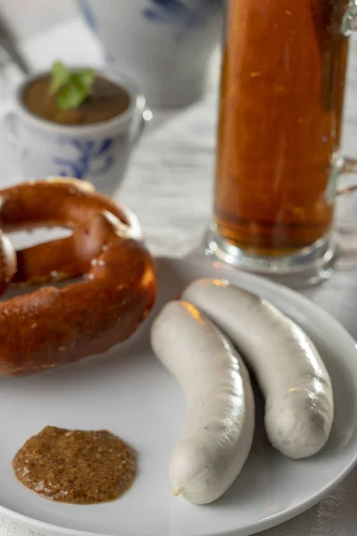 Bayerische Weißwürste Mit Brezel — Stockfoto