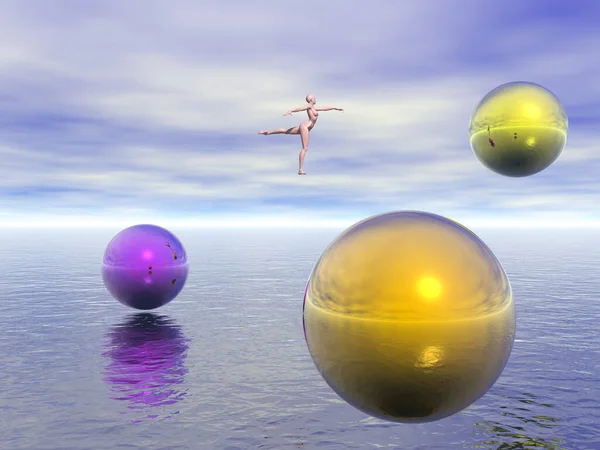 無限の海の上にダンサーとカラフルな球のホバー — ストック写真