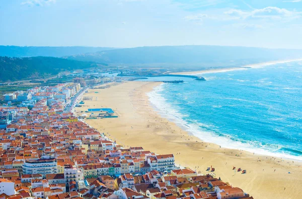 Flygfoto Över Nazare Beach Och Staden Dag Portugal — Stockfoto