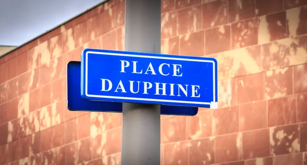 Niebieski Znak Ulicy Gdzie Jest Napisane Francuskim Placu Delfiny Strasburgu — Zdjęcie stockowe
