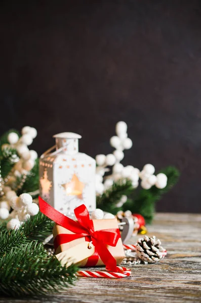 Natal Ainda Vida Com Lanterna Caixa Presente Decorações Xmas Fundo — Fotografia de Stock