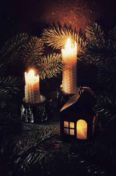 Christmas New Year Toy House Two Wax Burning Candles Fir — Stock Photo, Image