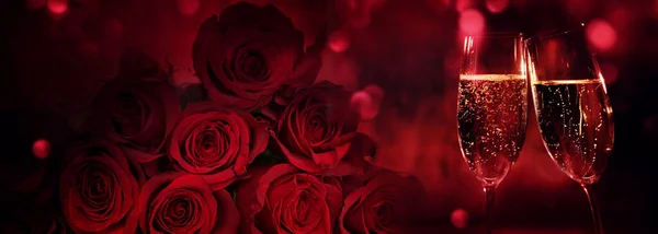 Champagne Red Roses Bokeh Valentines Day — Stock Photo, Image