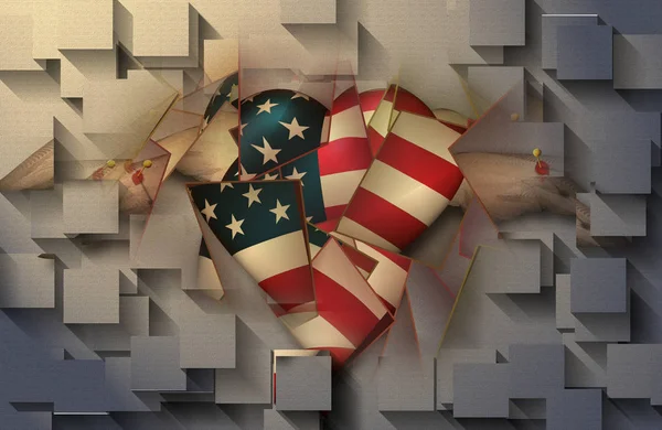 Geometryczna Abstrakcja Usa Flaga Skrzydlate Serce Przypięte Powierzchni — Zdjęcie stockowe