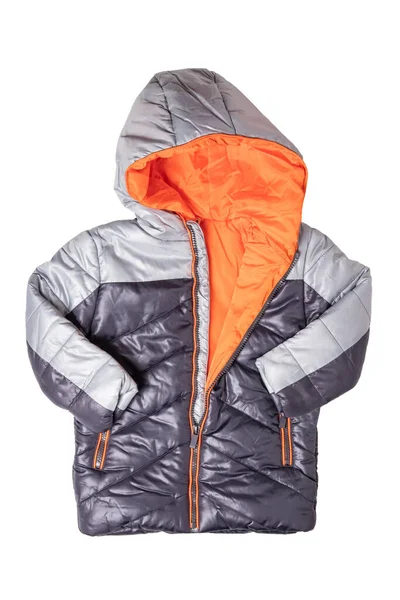 冬天夹克隔绝 一个时尚的黑色温暖下来夹克与橙色衬里为孩子们隔离在白色的背景 冬季穿的童装 — 图库照片