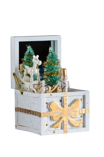 Різдвяні Прикраси Фону Стара Дерев Яна Музична Коробка Різдвяною Піснею — стокове фото