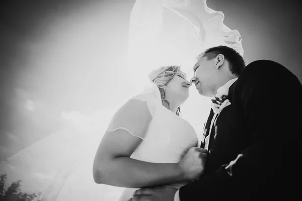 Zwart Wit Fotografie Gelukkig Paar Bruid Bruidegom Omarmen Staan Achtergrond — Stockfoto