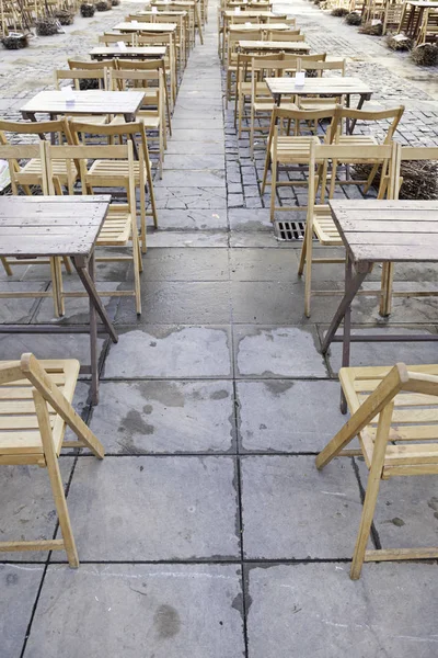 Mesas Madeira Cadeiras Rua Detalhe Terraço Clássico Espanha Relaxamento Diversão — Fotografia de Stock