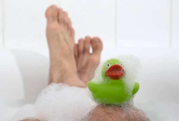 Men Feet Bright White Bathtub Selective Focus Toes — Stock Photo, Image