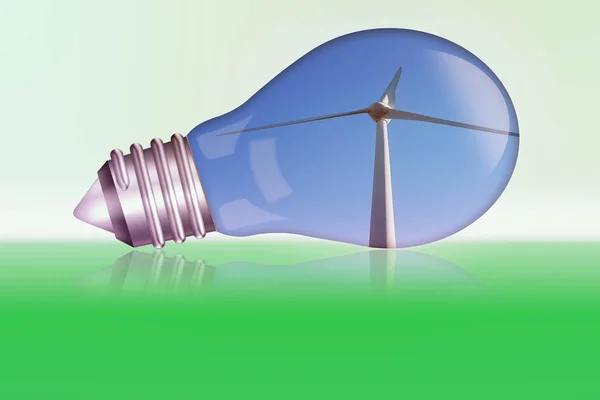 有风力涡轮机的灯泡 可再生能源或可再生能源概念对环境无害的发电替代办法 — 图库照片
