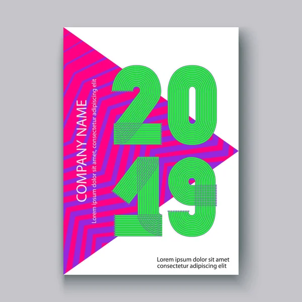 年次報告書番号 2019 モダンなデザインのカラフルなネオンのジグザグ バック グラウンドの垂直 ベクトル図 ペンで書かれた細い線ストライプのメンフィス スタイルの 2019 年をカバーします — ストック写真
