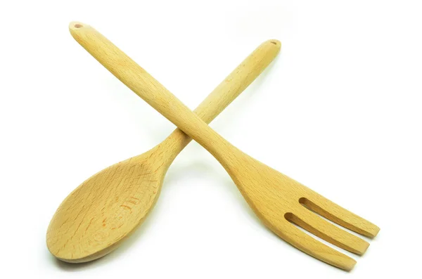 白色背景上的木制勺子和叉子 — 图库照片