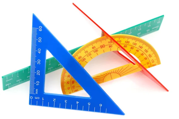 学校绘图工具 统治者 量角器在白色背景 — 图库照片