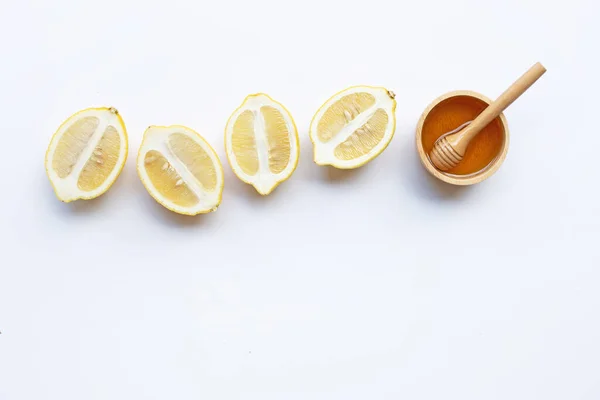 Miel Con Limón Sobre Fondo Blanco Copiar Espacio — Foto de Stock