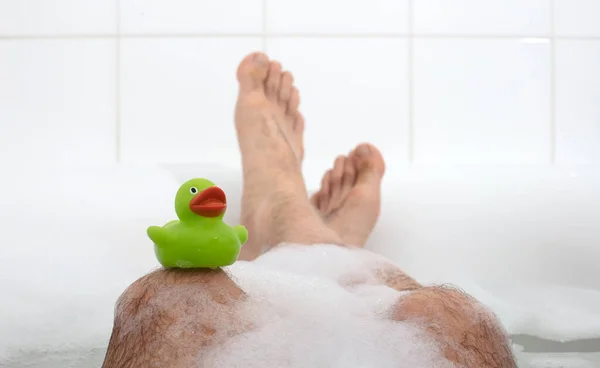 Men Feet Bright White Bathtub Selective Focus Toes — Stock Photo, Image