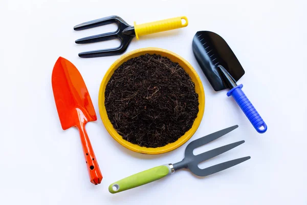 Garden Shovel Fork Soil Isolated White Background — Stock Photo, Image