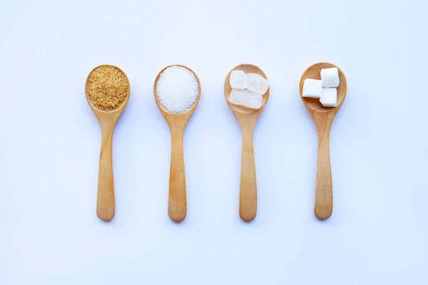 Různé Druhy Cukru Bílém Pozadí — Stock fotografie
