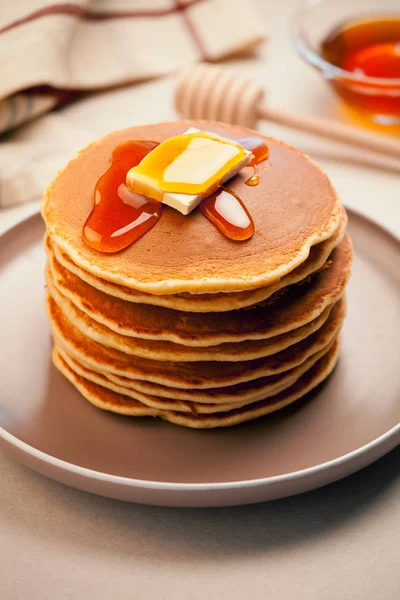 Bunch Homemade Pancakes Butter Honey — Stock Photo, Image
